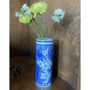Vintage Hand Painted Blue & White Cherry Blossom Bud Vase 4"H X 1.25"W Cylinder